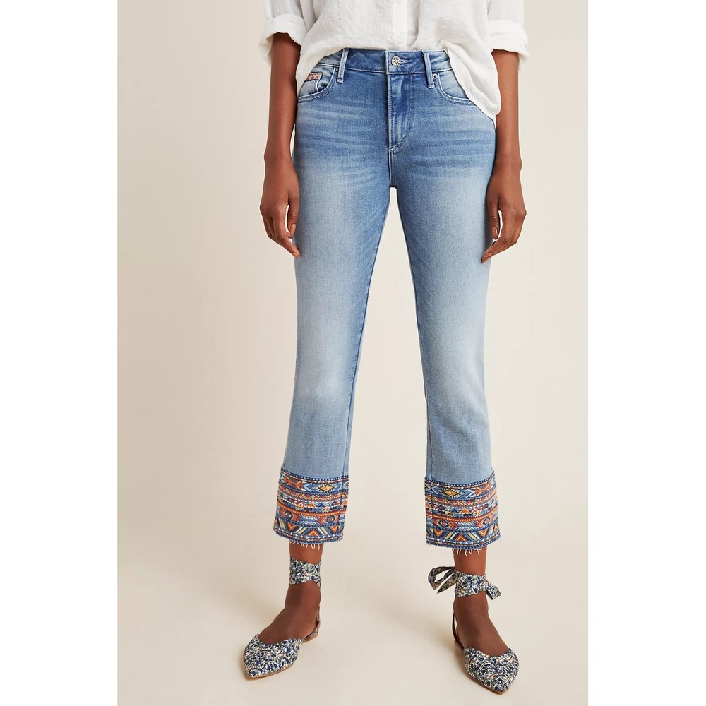 Driftwood Colette Slim Straight Jeans Womens 25 Blue Embroidered Mid Rise Denim